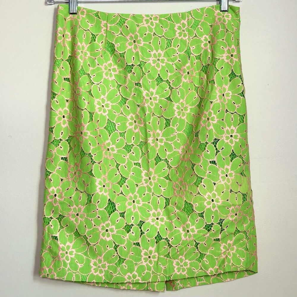 Lilly Pulitzer Hyacinth Lace Pencil‎ Skirt Green Pink Floral Size 10